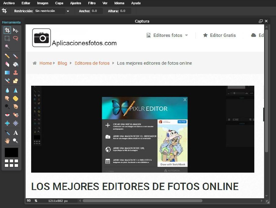 Interfaz editor de fotos online Pixlr Editor